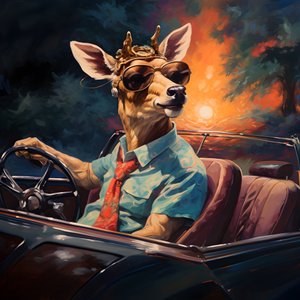 Ein Hirsch mit einer Zigarre im Mund fährt ein Cabriolet