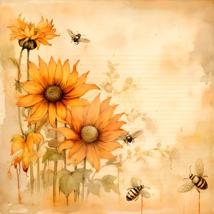 Aquarell Sonnenblumen und Bienen Silhouetten