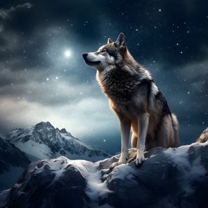 Ein majestätischer grauer Wolf steht auf einem schneebedeckten Berggipfel 3