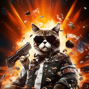 Filmplakat einer Katze, die ein schwarz-weiß gepunktetes Hemd und eine glänzende Sonnenbrille trägt, mit Explosionen und Kanonen im Hintergrund