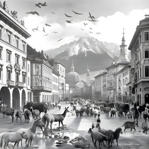 Innsbruck in einer alten Fotografie mit eleganten Zebras, Möwen, Affen und Tonfiguren. 2