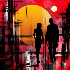 Mann in Rot, Frau in Orange und Schwarz