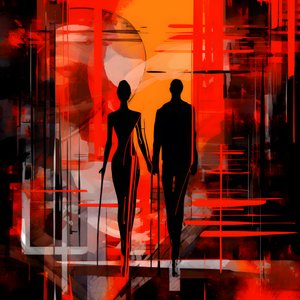 Mann in Rot, Frau in Orange und Schwarz