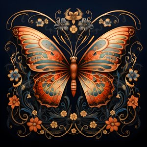 Schmetterling in der Mitte, symmetrisch, mit Blumen im Hintergrund 1