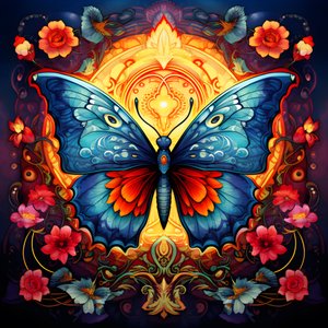 Schmetterling in der Mitte, symmetrisch, mit Blumen im Hintergrund 2