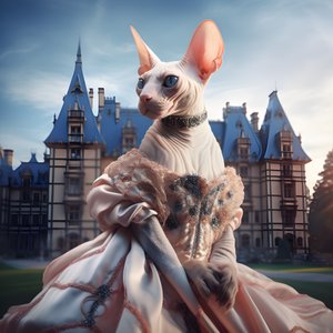 Sphynx-Katze im Ballkleid vor dem Hintergrund eines prächtigen Palastes im mittelalterlichen Stil
