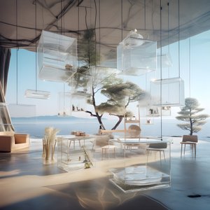Transparentes Gebäude mit Insel-Tisch in der Mitte