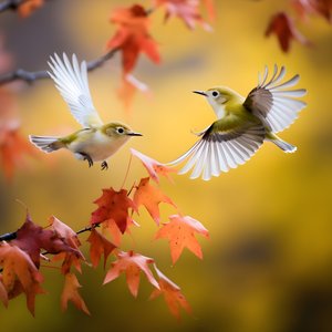 Zwei super süße grüne Weißaugenvögel spreizen ihre Flügel und fliegen in den herbstlichen Ahornblättern