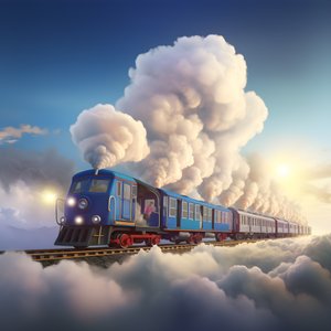 Ein schnell fahrender Social-Media-Zug, der durch die Wolken fliegt und an einem Faden hängt 2
