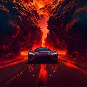 Ein Luxusauto fährt einen Weg entlang mit leuchtendem Rot im Hintergrund