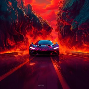 Ein Luxusauto fährt einen Weg entlang mit leuchtendem Rot im Hintergrund