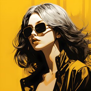 Eine Illustration eines Mädchens mit gelber Sonnenbrille, Haaren im Gesicht und Ohren, im Stil der Film-Noir-Ästhetik 2