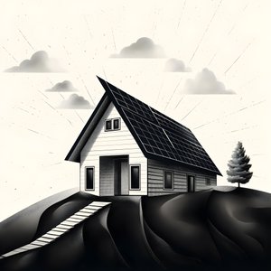 Illustration eines Hauses mit Solarpanelen, mit einem großen Pfeil dahinter, der nach rechts und oben zeigt