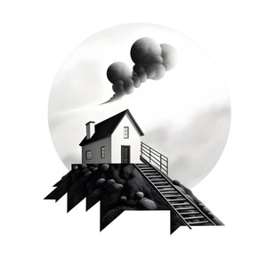 Illustration eines Hauses mit Solarpanelen, mit einem großen Pfeil dahinter, der nach rechts und oben zeigt