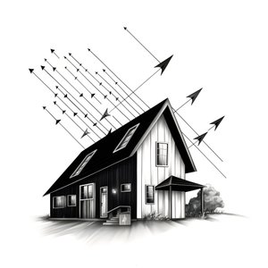Illustration eines Hauses mit Solarpanelen, mit einem großen Pfeil dahinter, der nach rechts und oben zeigt