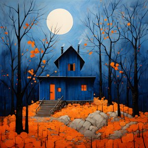 Ein blaues Haus in einem orangefarbenen Wald