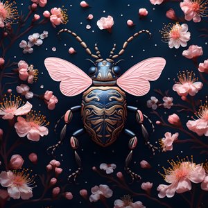 Illustration eines Käfers mit Pilzen im Hintergrund