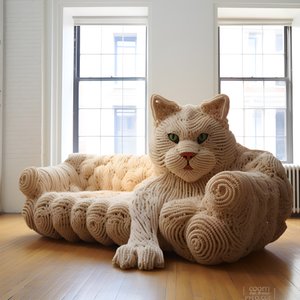 eine riesige gehäkelte Katze in einem realistischen Wohnzimmer