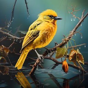 Gelber Vogel auf einem Ast im Wasser