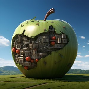 Riesiger Apfel auf einem Feld mit Fenstern