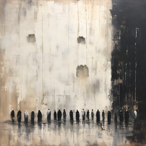 schwarz-weiß gekleidete Menschen, die mit dem Gesicht zur Wand beten