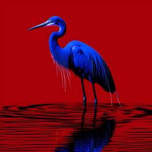 Synthwave digitale Kunst eines exotischen kobaltblauen Reihers auf rotem Papier