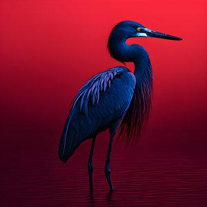 Synthwave digitale Kunst eines exotischen kobaltblauen Reihers auf rotem Papier von Kurt Heppke