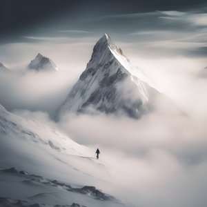 Zwei Menschen beim Skifahren über einem wolkenverhangenen Berg
