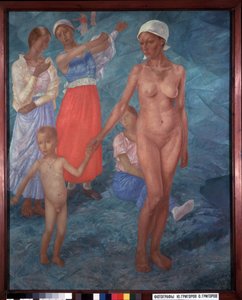Morgen. Badende (Frauen ziehen sich hinter einer Mutter und ihrem nackten Kind an) von Kuzma Sergeevich Petrov Vodkin