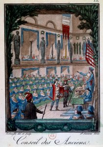 Directoire: „Le Conseil des Ancients“ Gravur aus „Mors et coutumes du peuple francais“, graviert von Labrousse. 18. Jahrhundert Paris, B.N.