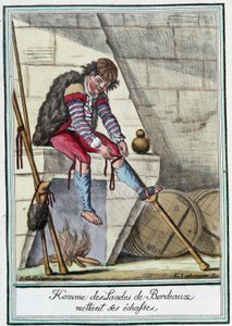 Mann aus den Bordeaux-Mooren, der seine Stelzen anlegt - in „Encyclopédie des voyages“ von J. Grasset St Sauveur, Deron, Paris von L.F. Labrousse