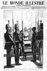 Der Kommandant liest Kapitän Alfred Dreyfus das Urteil des Kriegsgerichts vor, Paris. Skizze von Herrn de Moulignie. In „Le Monde Illustré“ Wochenzeitschrift Nr. 1970 vom 29. Dezember 1894