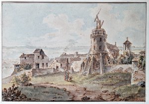Ein Chappe-Telegraph auf einem Turm, von Goblain, Ende des 18. Jahrhunderts