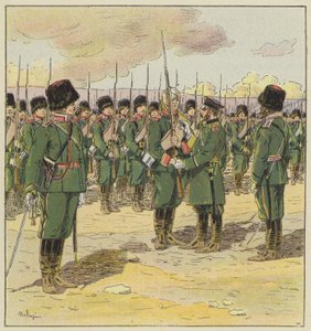 General Kouropatkine inspiziert die Truppen nach der Schlacht von Kin-Tcheou von L. Malespine