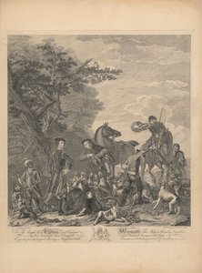 Eine Serie von sieben, unbetitelt, jeweils gewidmet: Dem ehrenwerten Thomas Lord Viscount Weymouth...nach dem Originalgemälde in Long Leat Hall. [Der Fang: zwei Reiter abgestiegen, einer hält den Fuchs über lärmenden Hunden; der Jäger bläst sein Horn...] von L. Truchy