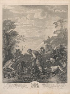 Eine Serie von sieben, ohne Titel, jeweils gewidmet: An den ehrenwerten Thomas Lord Viscount Weymouth...vom Originalgemälde in Long Leat Hall. [Drei Männer graben einen Fuchsbau aus, gespannt beobachtet von Hunden...] von L. Truchy