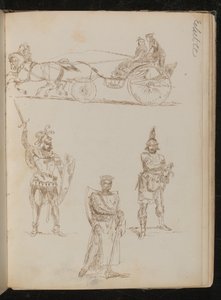 Studie einer von Pferden gezogenen Kutsche mit drei Insassen, drei Studien von griechisch-römischen Kriegern mit Waffen und Schilden (Feder und Tinte) von Lady  Butler