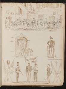 Stadtszene mit trinkenden Soldaten, Marktstand, piemontesische Nationalgarde, vier Soldaten und gekreuzte Fahnen von Lady Butler