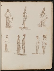 Acht Studien von stehenden Soldaten in Uniform, beschriftet "Leibgarde"