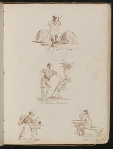 "Englischer Bauer", "ein genuesischer Bauer", Figurenstudien in Tavernen beschriftet "Battista" und "Bile", Ort und Datum "20. Juni" von Lady Butler
