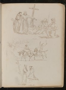 Vier Figuren neben Holzkreuz, Studie von zwei Jugendlichen mit Stöcken auf Eseln, Studie von zwei Mönchen, einer kniet vor Holzkreuz von Lady Butler