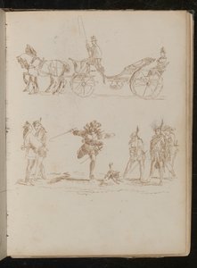 Offizier in voller Uniform mit Zylinder und Epauletten in einer pferdegezogenen Kutsche reitend, Studie von sechs mediterranen Soldaten und einem Hund von Lady Butler