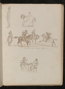 Soldat in voller Uniform, Studien eines Jugendlichen mit Angelrute zu Pferd, vier Männer zu Pferd mit der Aufschrift Piemontesische Kavallerieoffiziere von Lady Butler