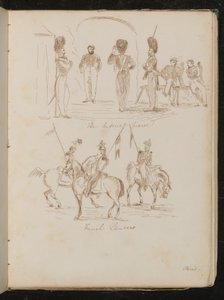 Studien von Soldaten mit der Inschrift "Imperial Guards", Soldaten mit Fahnen zu Pferd mit der Inschrift "French Lancers" von Lady Butler