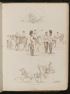 Studie eines Schiffes auf dem Wasser, Studie von acht Soldaten und fünf Pferden, Studie eines Pferdes und einer Kutsche mit einer Reiterin von Lady Butler