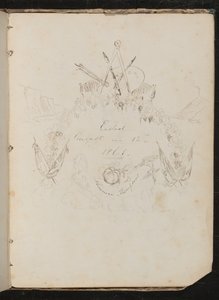 Studie von Künstlerutensilien, Schmetterling, Blumen, Flaggen, Klippe und Girlande in Wappenform um die Inschrift "Beendet am 12. August 1861" von Lady Butler