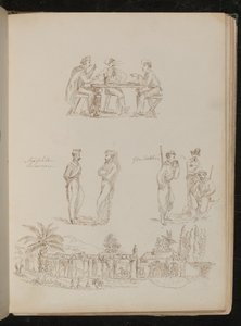 Drei Soldaten beim Kartenspielen, zwei "Neapolitanische Gefangene" im Gespräch, drei "Garibaldianer" in Ruhe und rauchend, eine genuesische Villa von Lady Butler