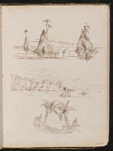Drei Studien von felsigen Inseln, eine wässrige Landschaft mit Menschen und Booten und Palmen