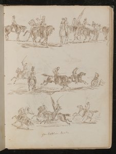 Drei Studien von Soldaten zu Pferd beschriftet "Garibaldianische Kavallerie" von Lady Butler