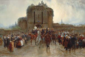 An die Front: Französische Kavallerie verlässt eine bretonische Stadt bei Kriegserklärung, 1888-89